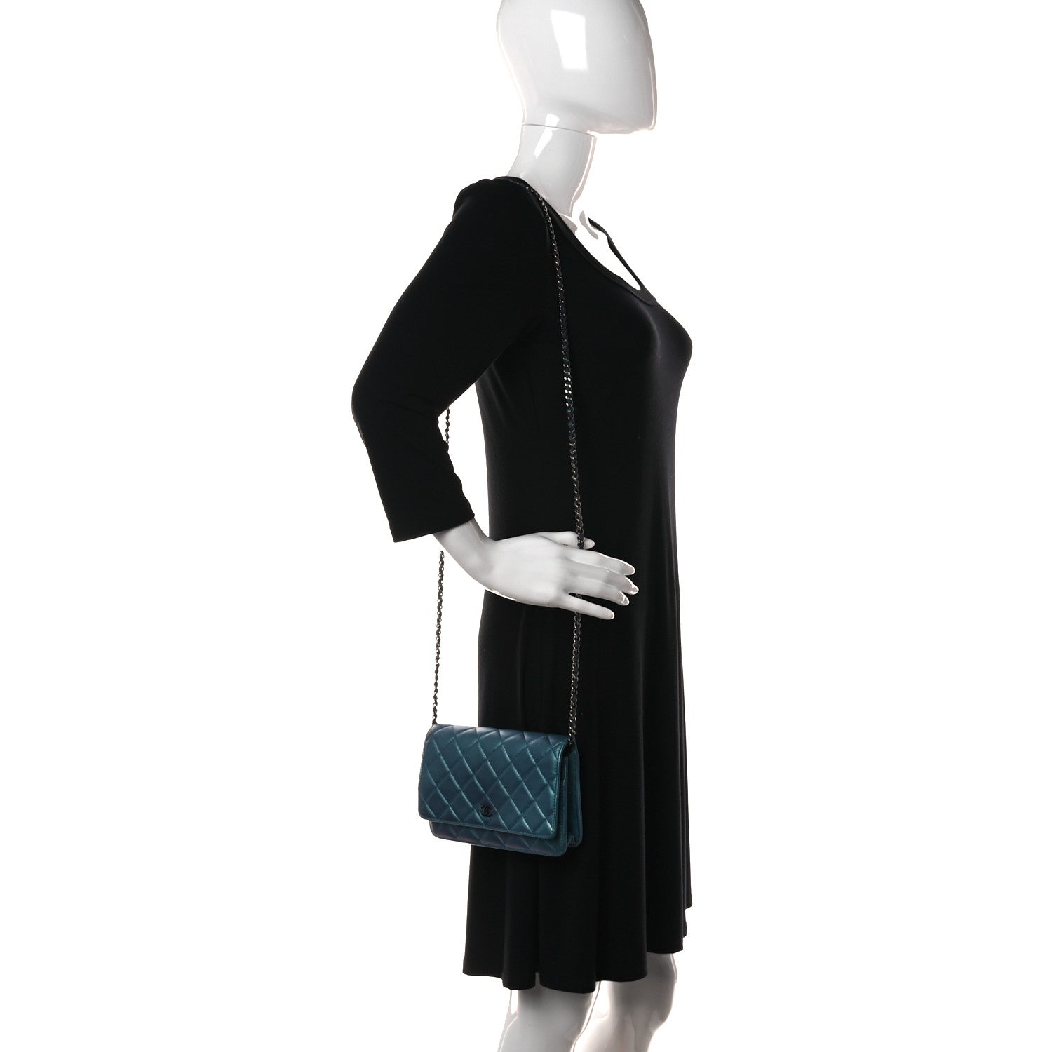 Chanel Iridescent Lambskin Quilted Wallet On Chain WOC Turquoise 2 of 14