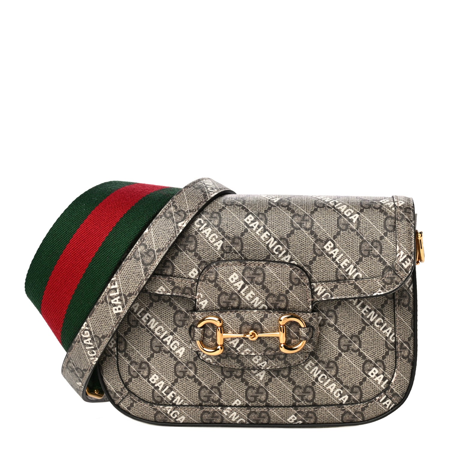 Gucci X BALENCIAGA GG Supreme Monogram Web Logo Print Mini Horsebit 1955 Shoulder Bag Beige Ebony 1 of 15