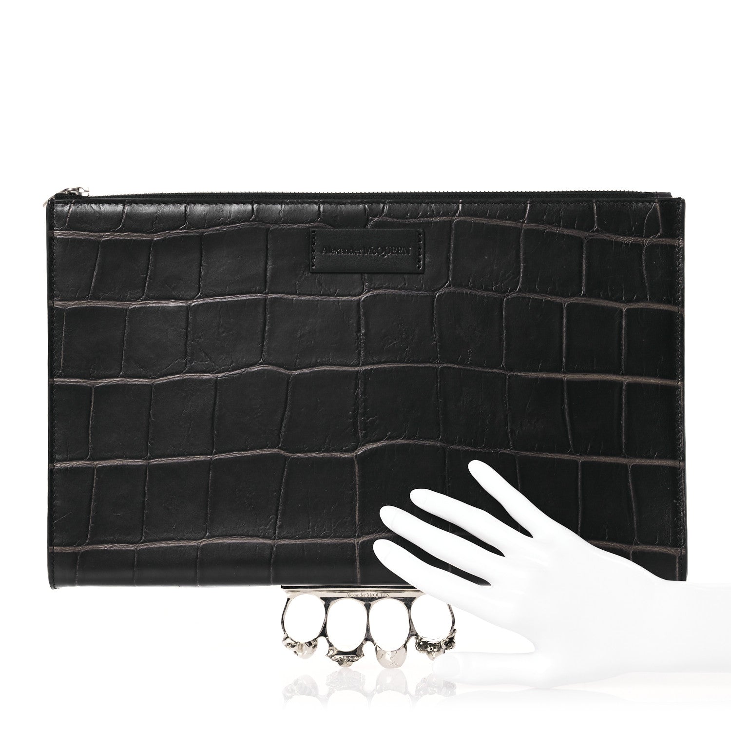 Alexander McQueen Calfskin Crocodile Embossed Knuckle Flat Zip Clutch Black 2 of 16