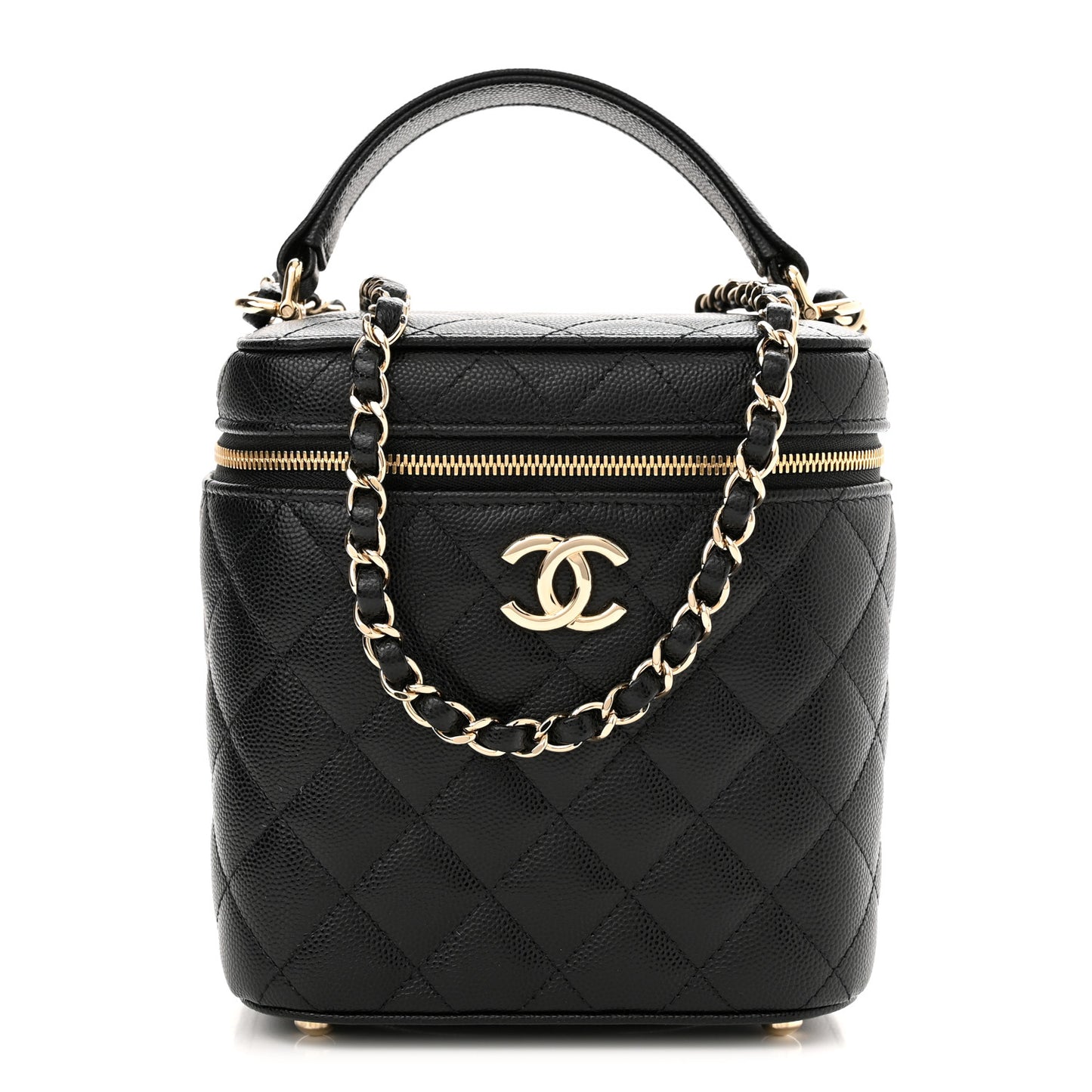 Caviar Quilted Small Top Handle Vanity Case With Chain Black