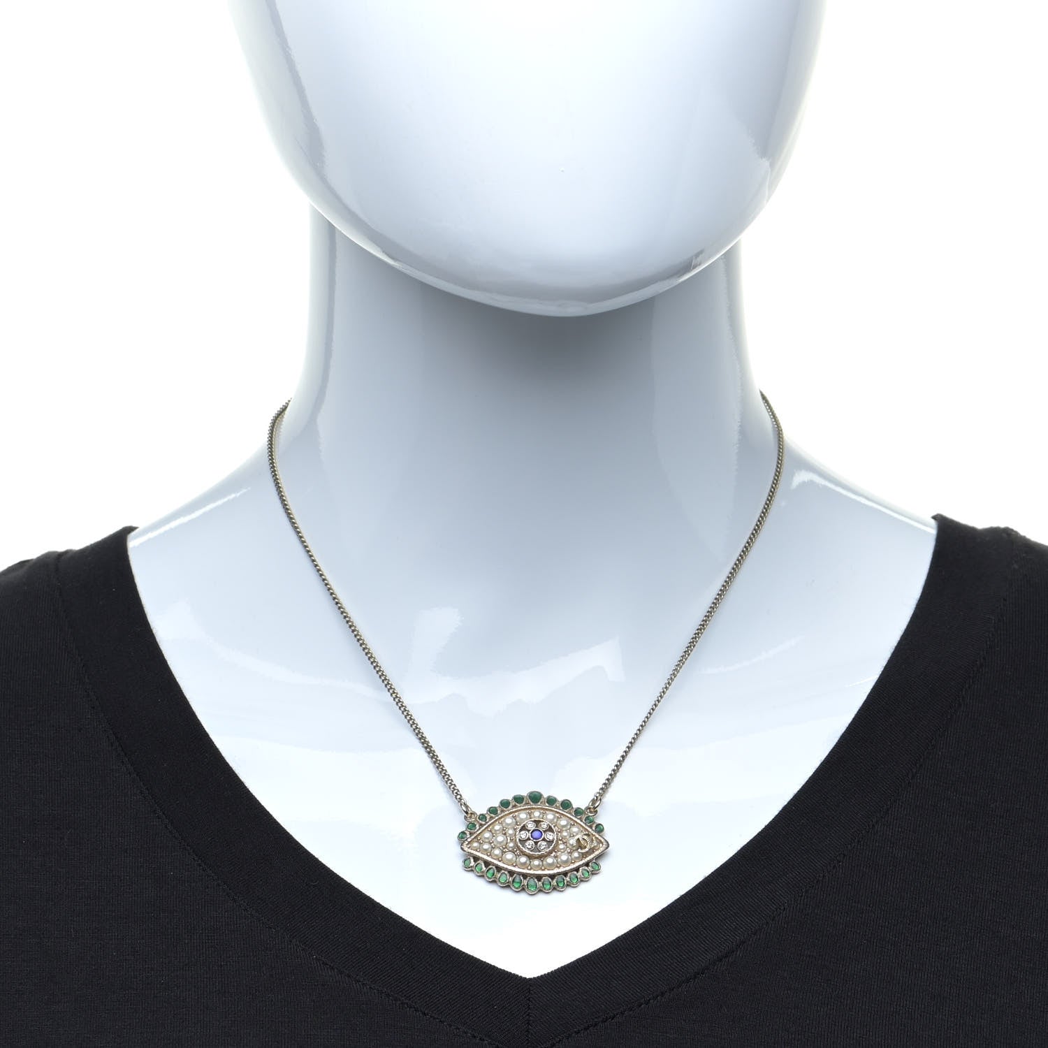 Chanel Resin Crystal Glass Pearl Eye Pendant Necklace Gold Multicolor 2 of 5