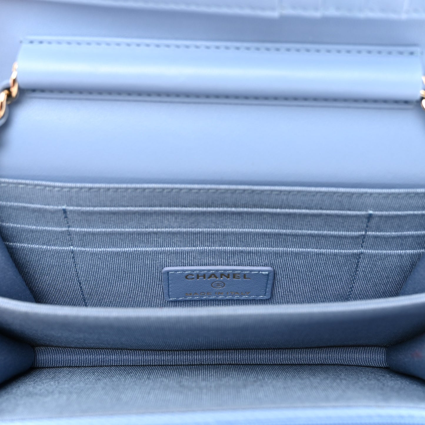Lambskin Quilted Mini Wallet On Chain WOC Light Blue