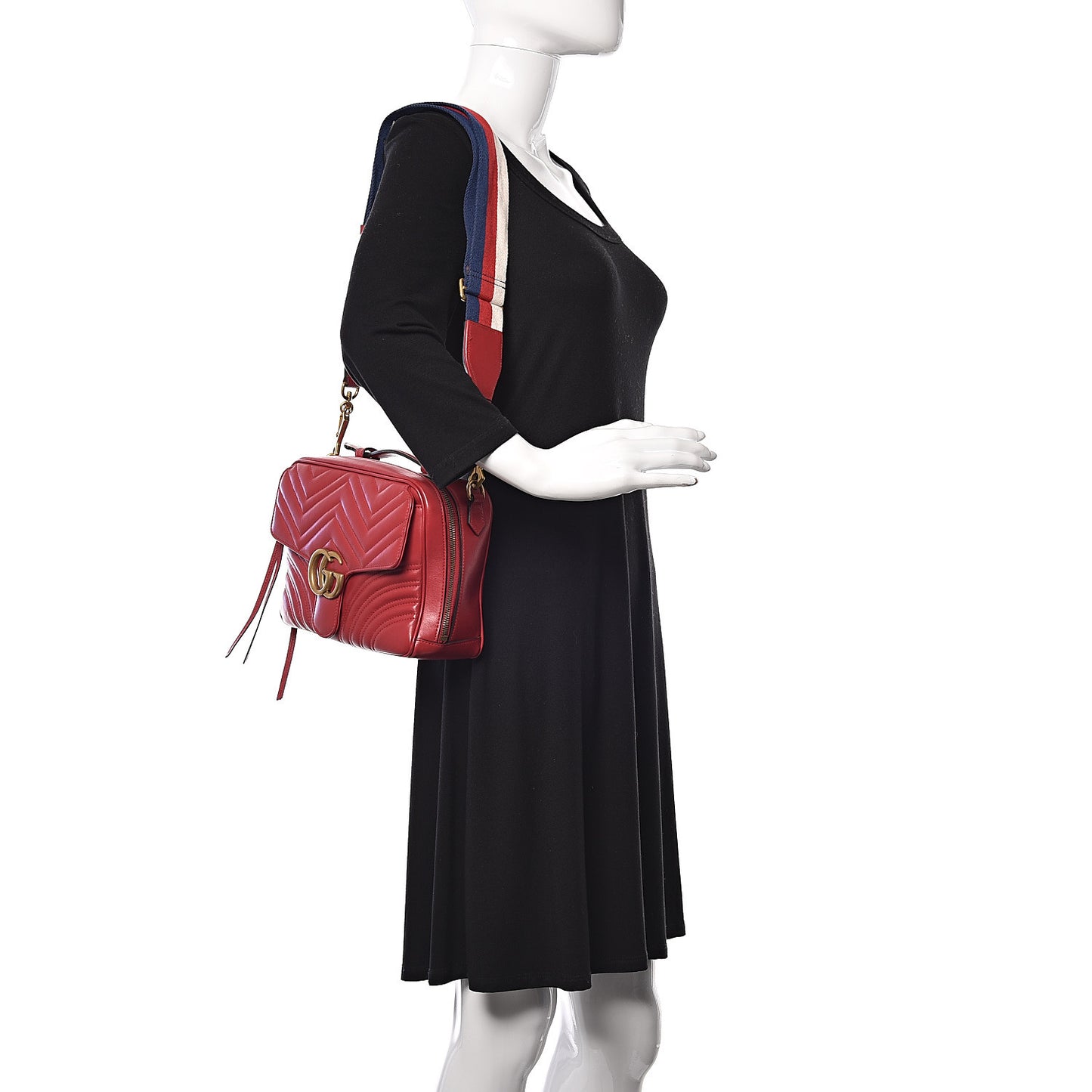 Calfskin Matelasse Sylvie Web Small GG Marmont Top Handle Shoulder Bag Hibiscus Red