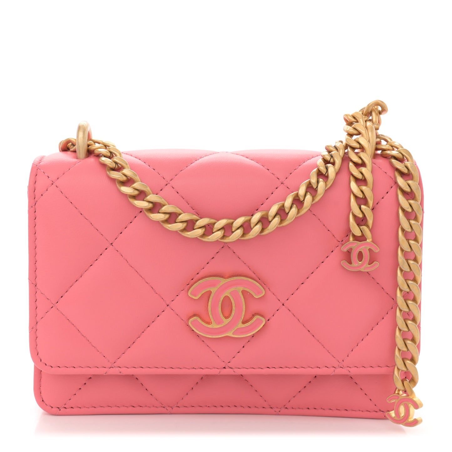Lambskin Enamel Quilted Pending CC Clutch With Chain Pink
