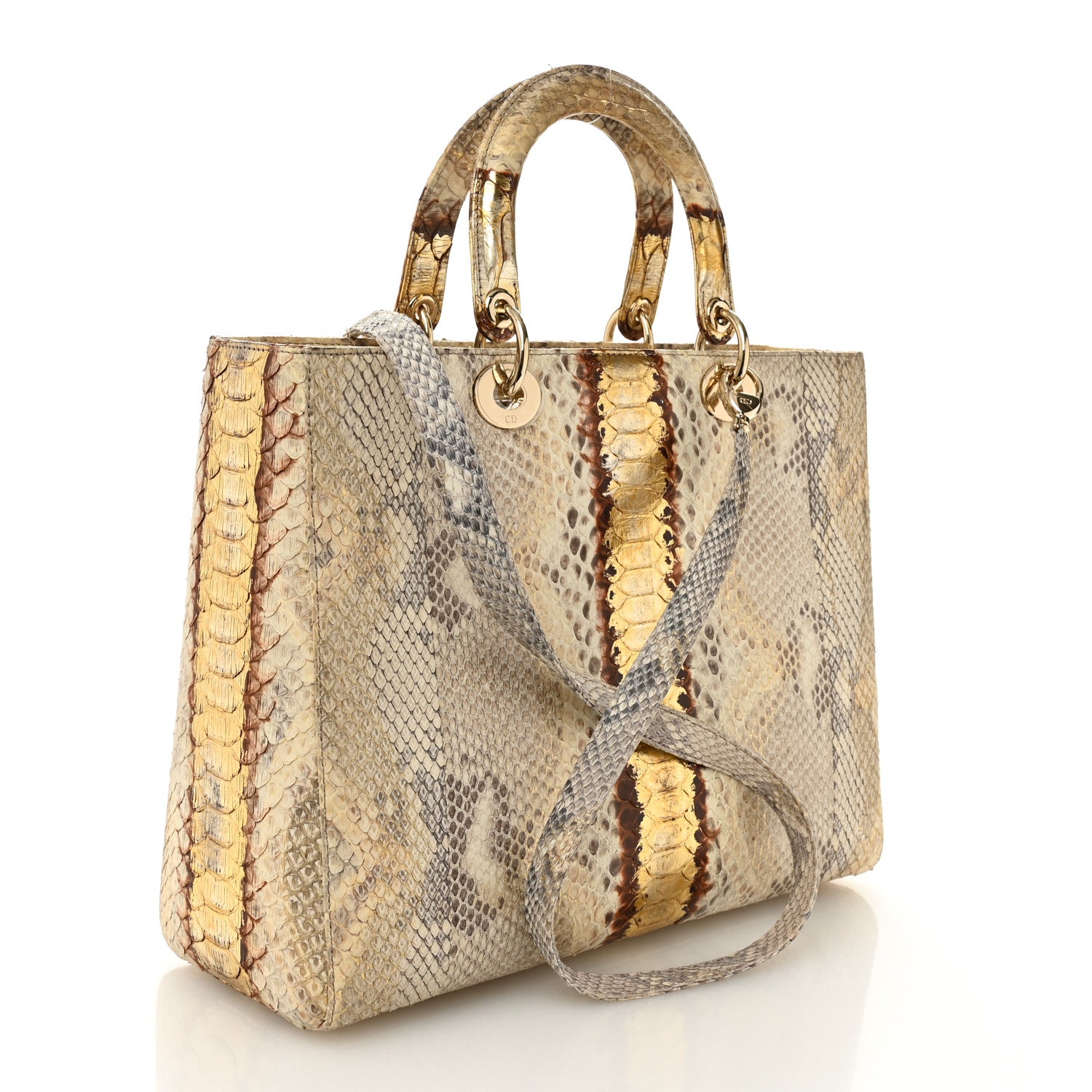 Christian Dior Metallic Snakeskin Large Lady Dior Beige Gold 3 of 13