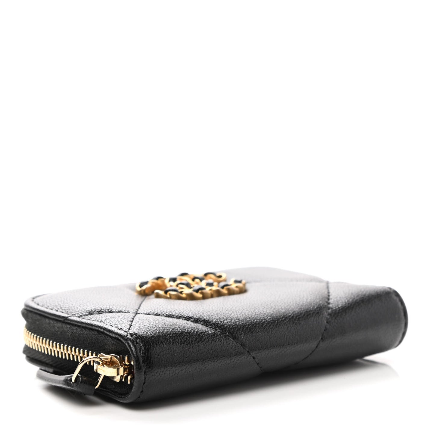 Shiny Goatskin Quilted Chanel 19 Zip Around Coin Purse Wallet Black