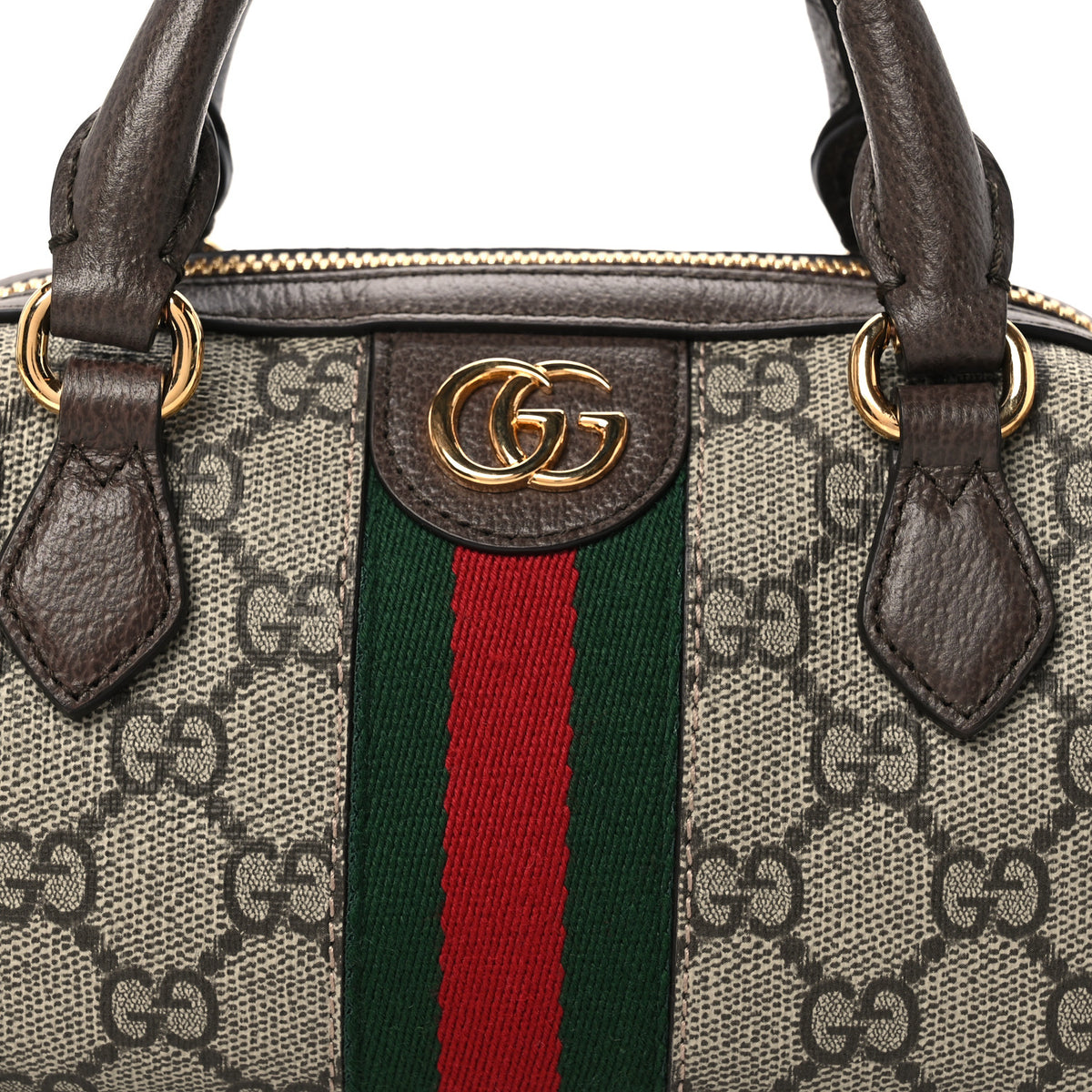 Gucci GG Supreme Monogram Textured Dollar Calfskin Web Super Mini Ophidia Top Handle Bowler Bag Beige Ebony New Acero 8 of 10