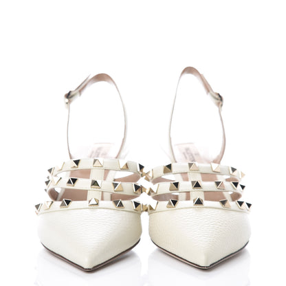 Valentino Garavani Pebbled Calfskin Rockstud Cage Slingback Pumps 37.5 White 2 of 7