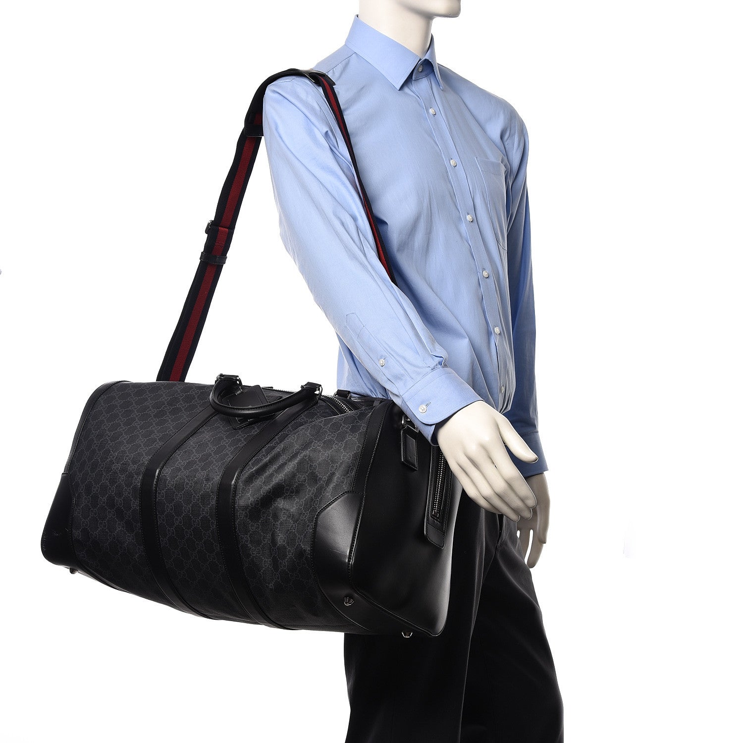 Gucci Soft GG Supreme Monogram Appia Calfskin Web Large Carry On Duffle Bag Black Grey 2 of 17