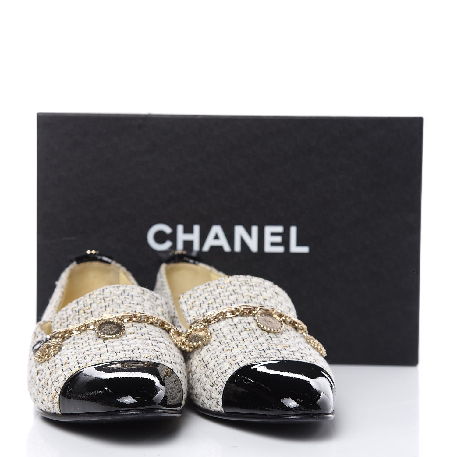 Chanel Tweed Patent Cap Toe Loafers 40 Ecru Black Gold 12 of 12