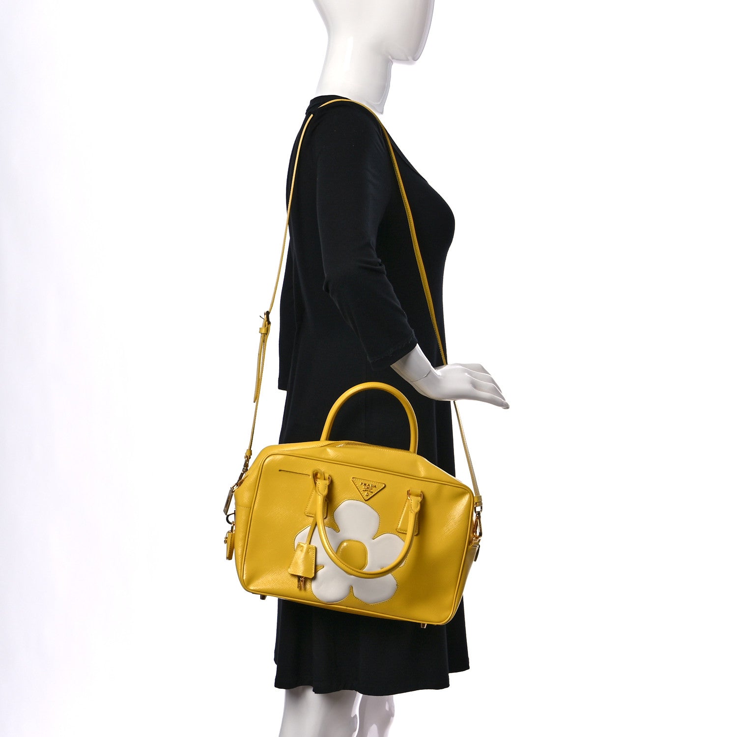 Prada Saffiano Vernice Floral Bauletto Bag Girasole 2 of 9