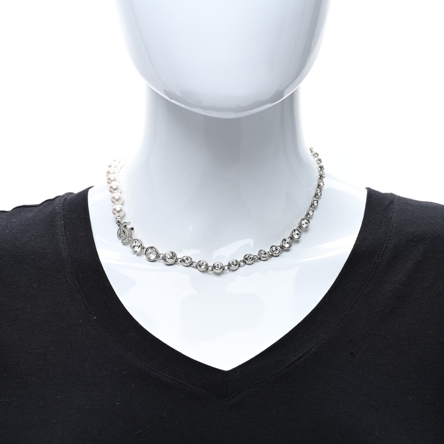 Pearl Crystal CC Choker Necklace Silver