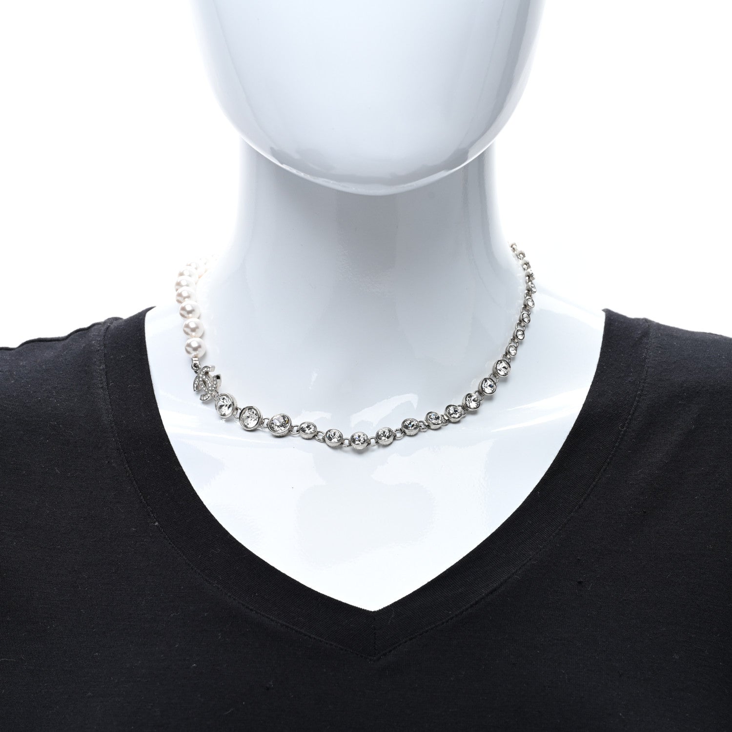 Chanel Pearl Crystal CC Choker Necklace Silver 3 of 4