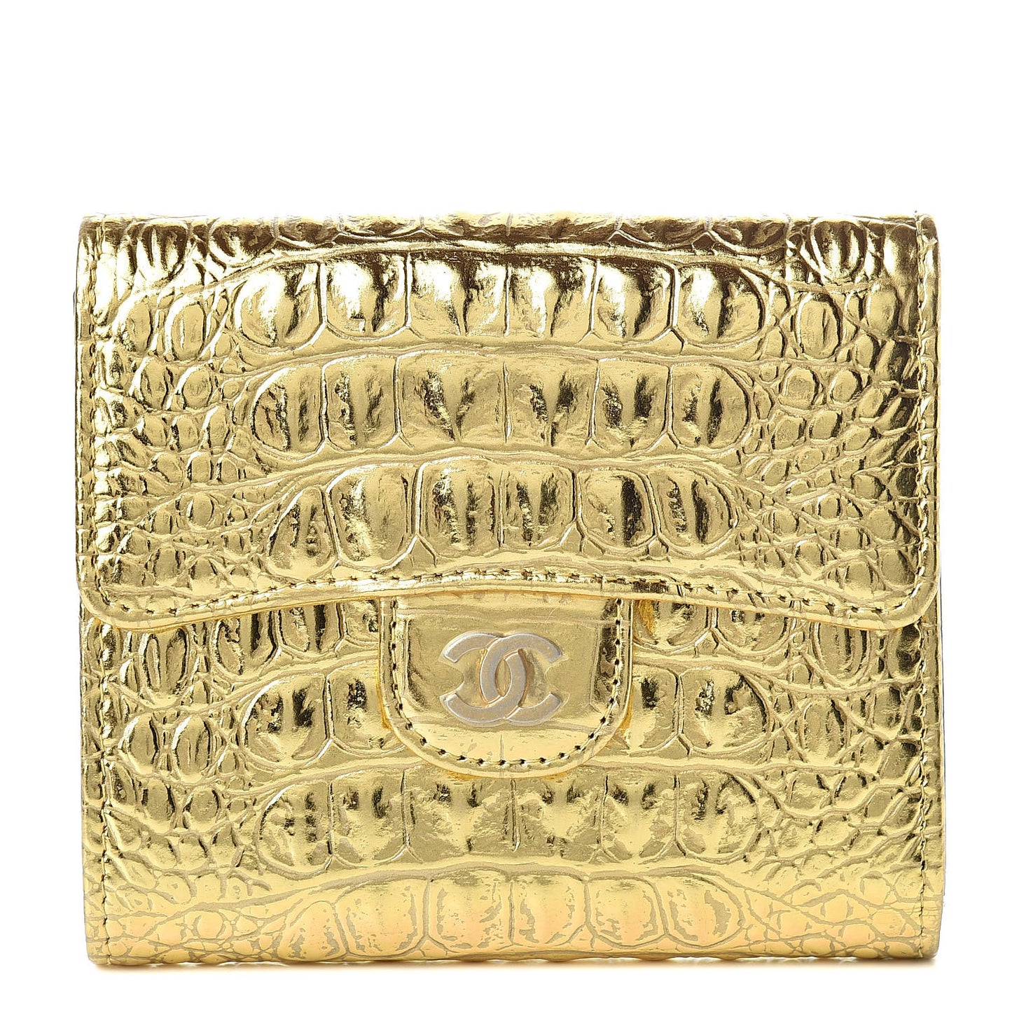 Metallic Calfskin Crocodile Embossed Cocodile Compact Flap Wallet Gold