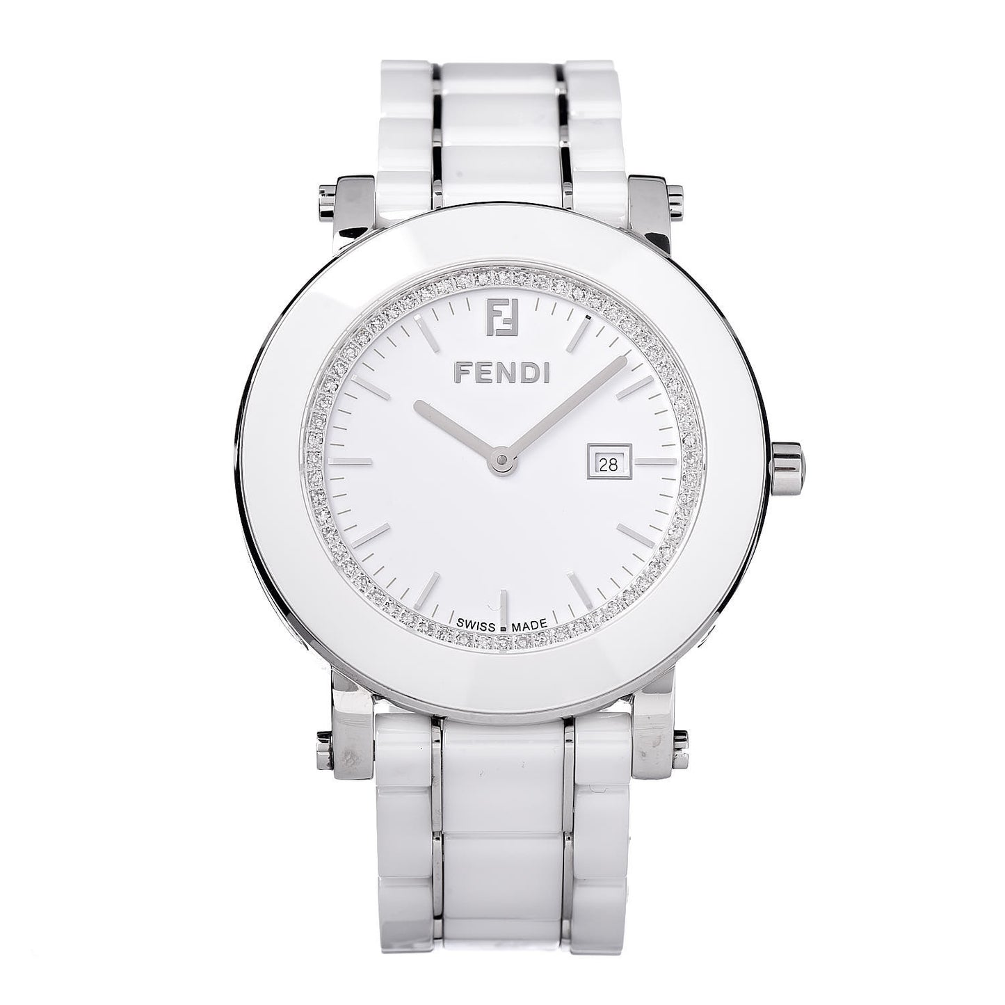 Stainless Steel Ceramic Diamond Bezel 38mm Round Quartz Watch White