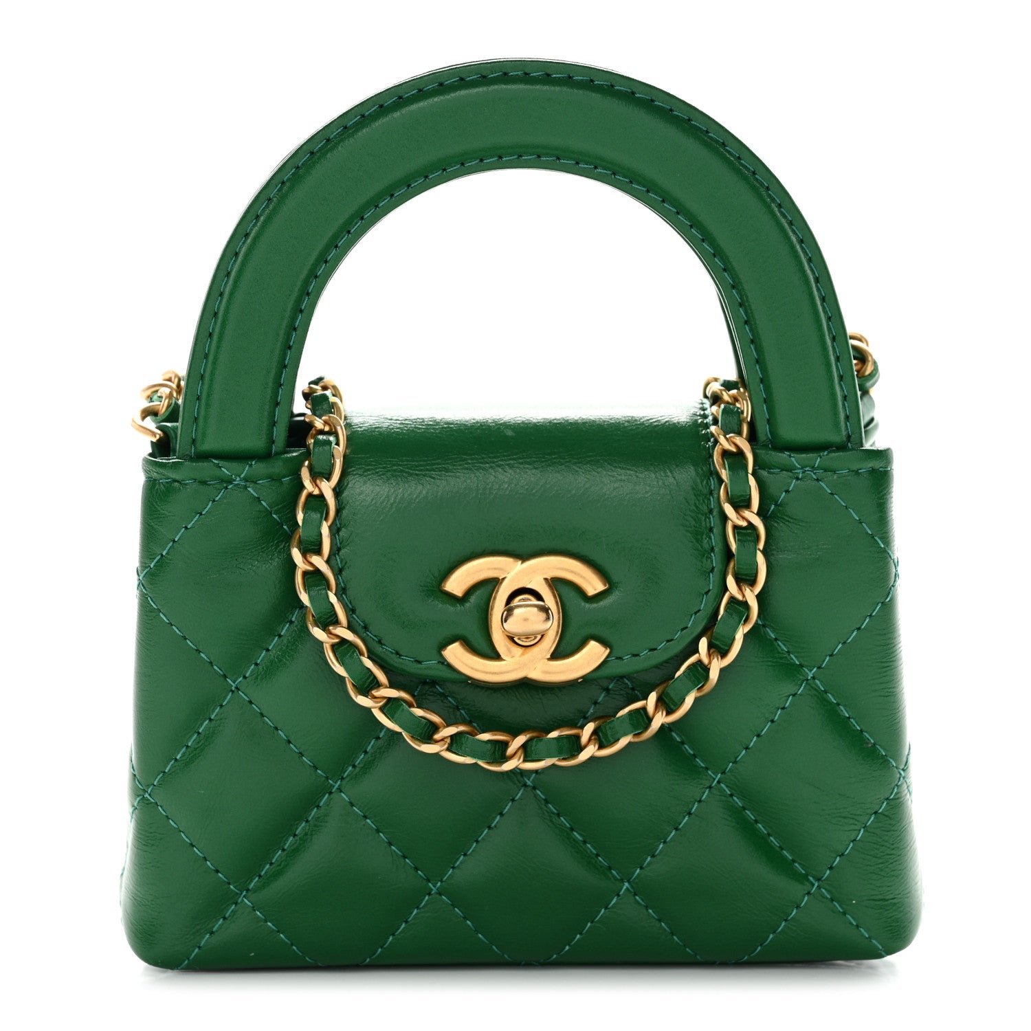 Chanel Shiny Aged Calfskin Quilted Mini Nano Kelly Shopper Green 1 of 10
