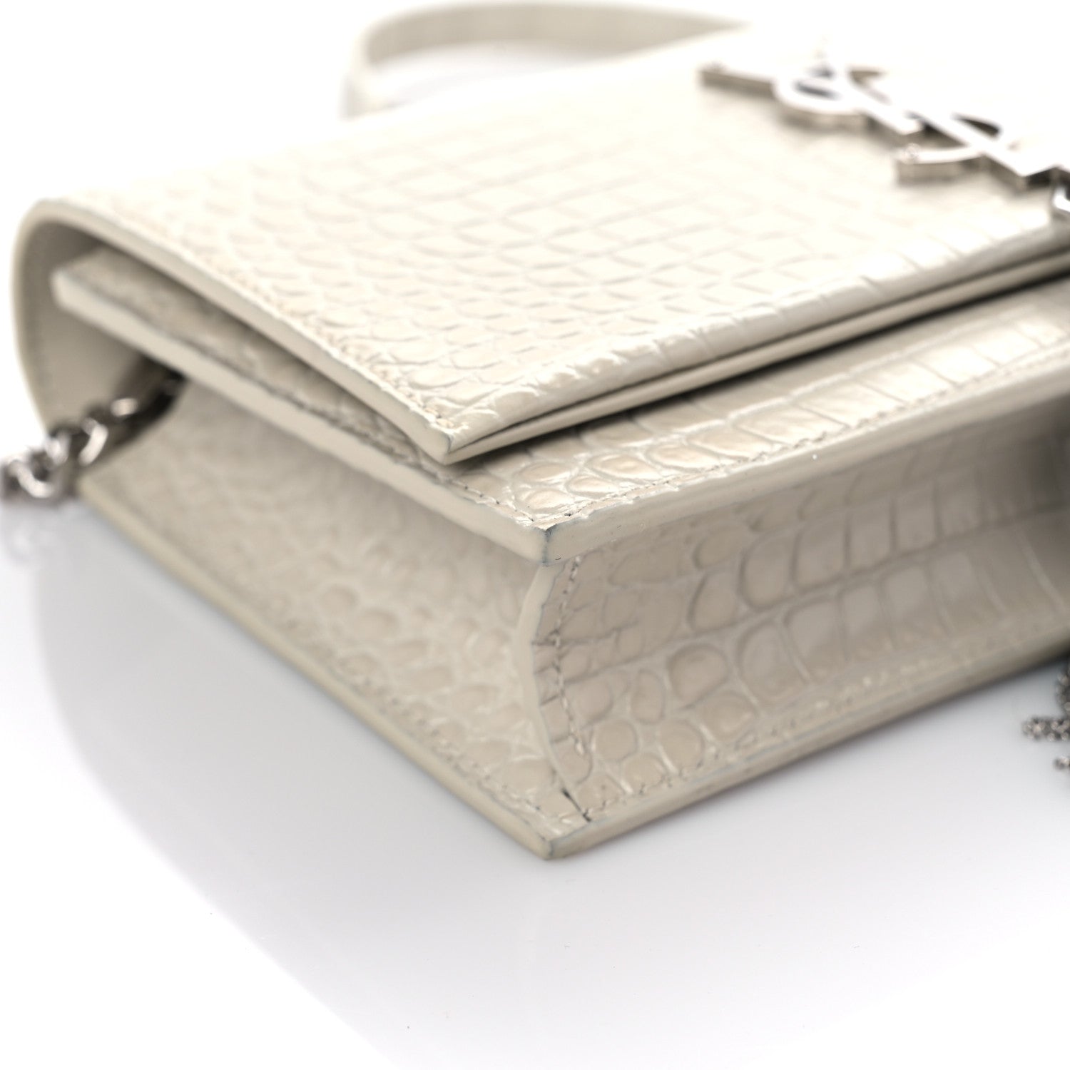 Saint Laurent Calfskin Crocodile Embossed Kate Monogram Tassel Chain Wallet Crema Soft 7 of 14