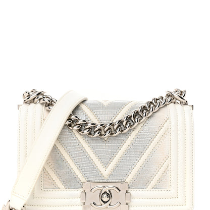 Chanel Lizard Chevron Stitched Small Boy Flap White Silver 8 of 18