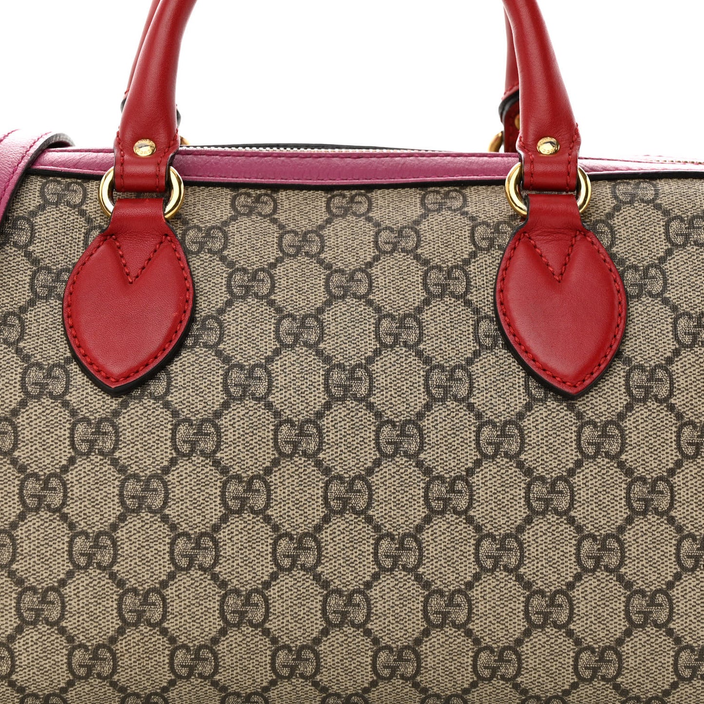 GG Supreme Monogram Moon Calfskin Small Boston Beige Ebony Hibiscus Red New Rosette