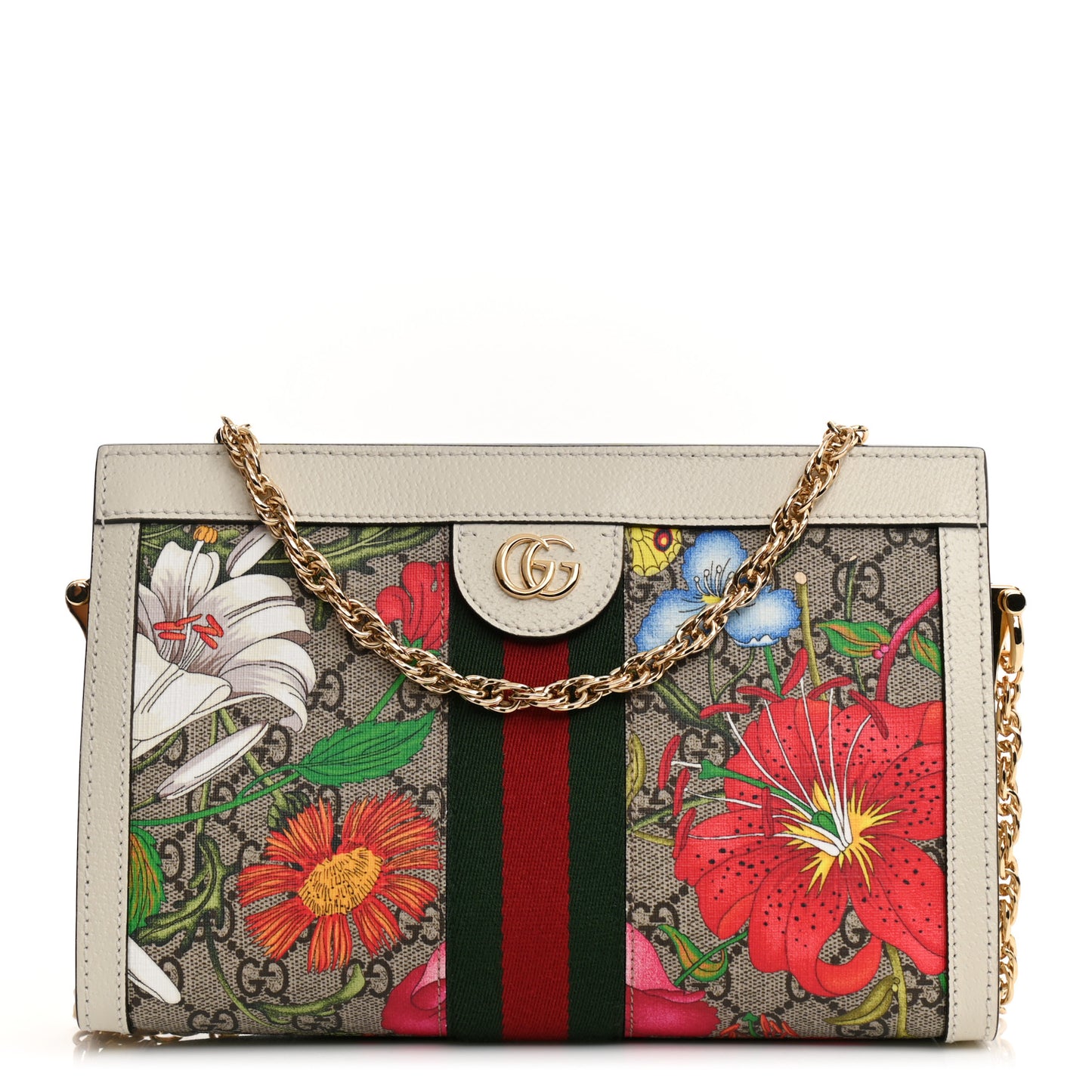 GG Supreme Monogram Flora Web Small Ophidia Chain Shoulder Bag White