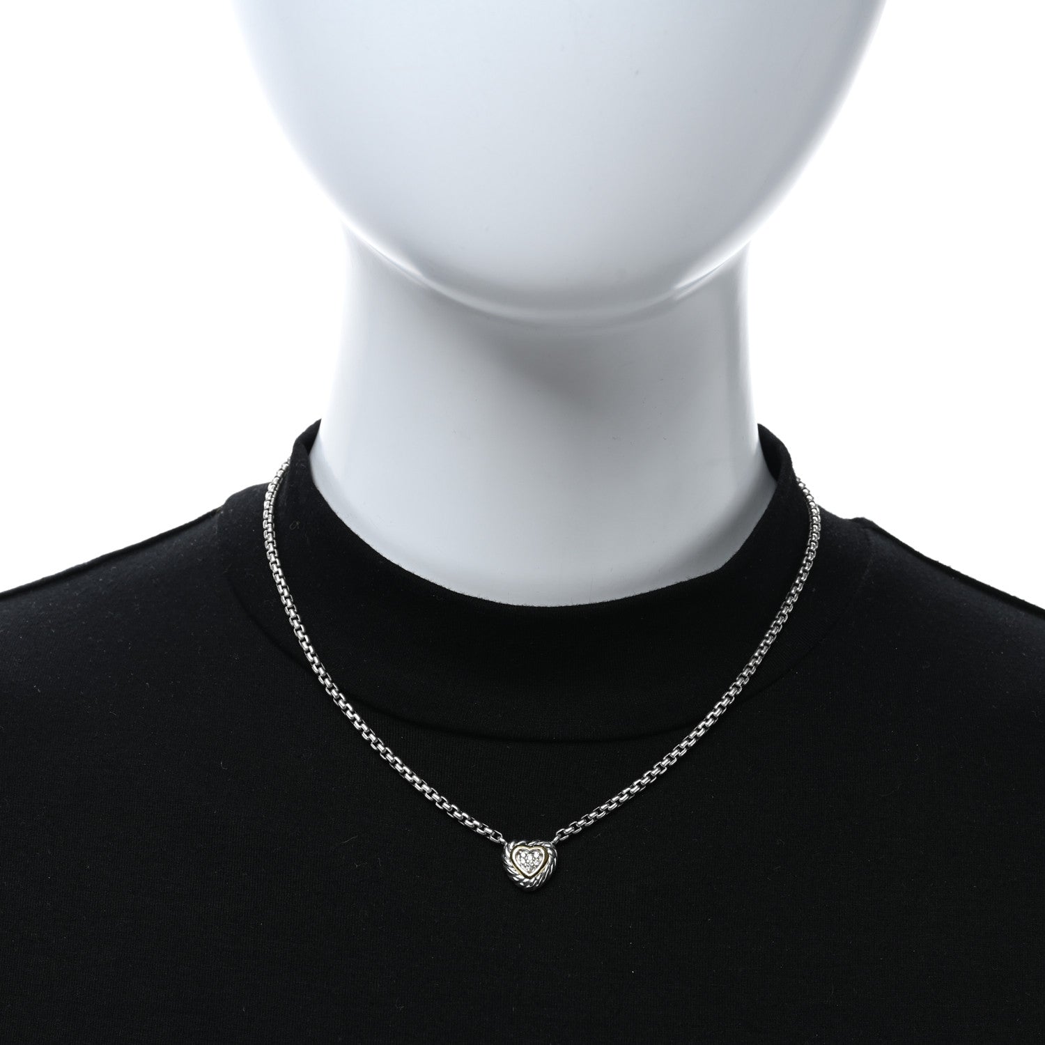 David Yurman Sterling Silver 18K Yellow Gold Diamond Pave Cable Heart Pendant Necklace 2 of 5
