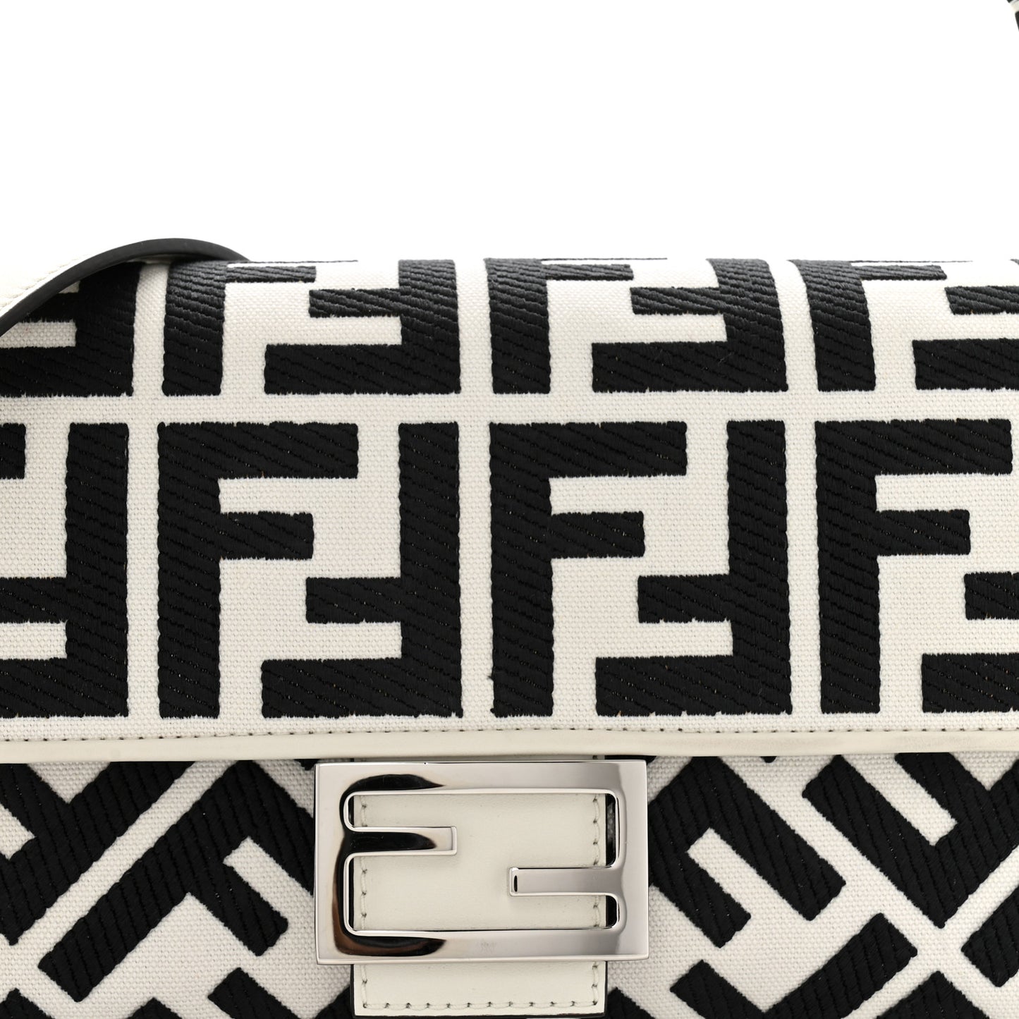 Canvas Vitello King FF Embroidered Baguette White Black