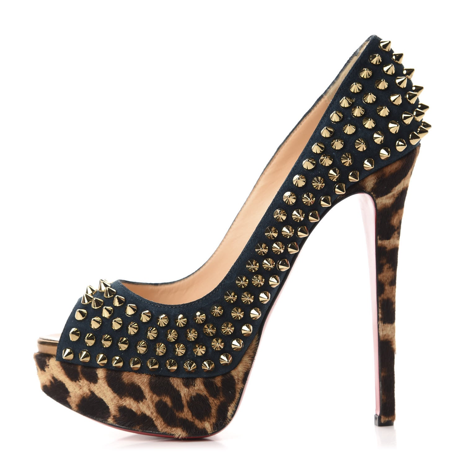 Christian Louboutin Veau Velours Calf Hair Leopard Lady Peep Spikes VIP 150 Pumps 36.5 Blue Khol Bronze 1 of 9