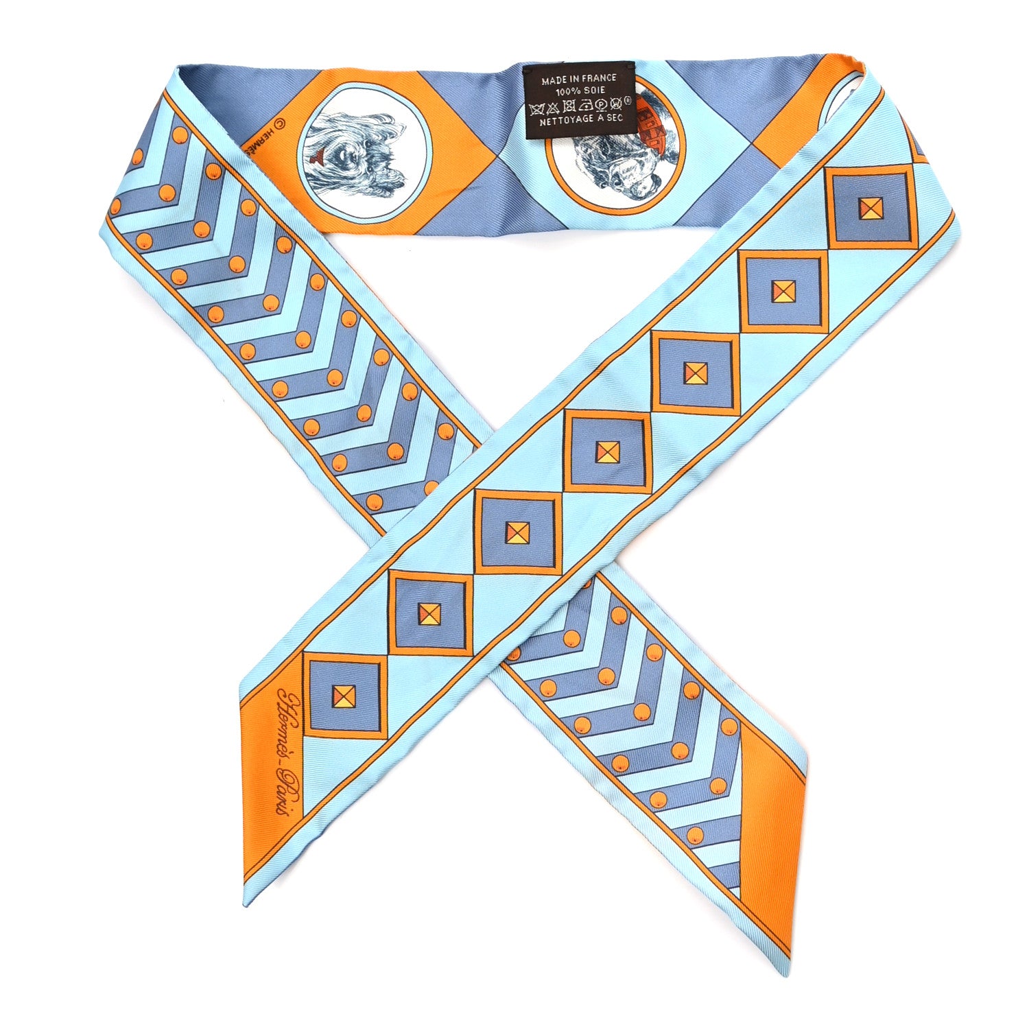 Hermes Silk Colliers Et Chiens Twilly Ciel Orange Gris Bleuete 1 of 4