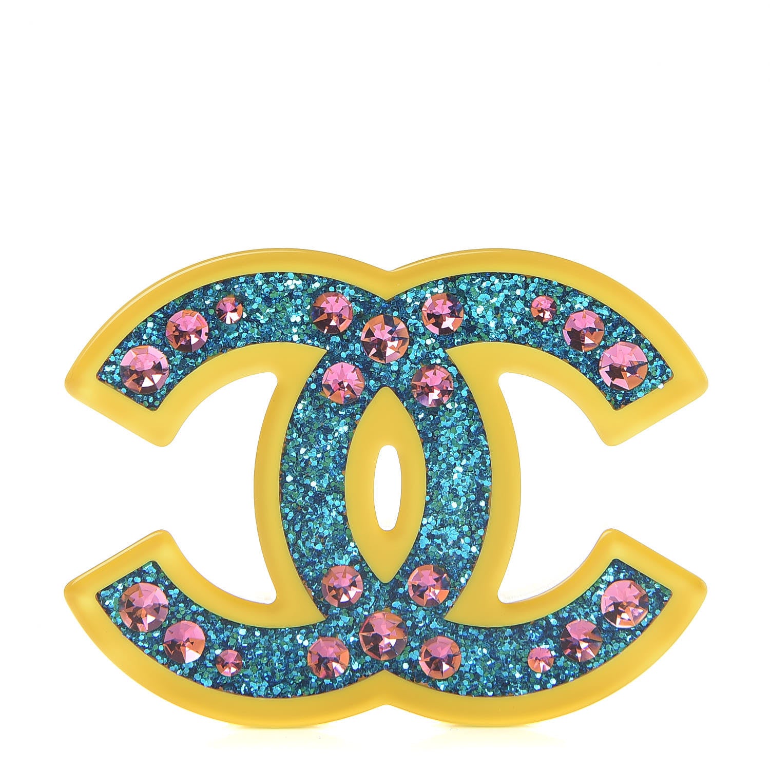 Chanel Resin Glitter Crystal CC Brooch Yellow Blue 1 of 5