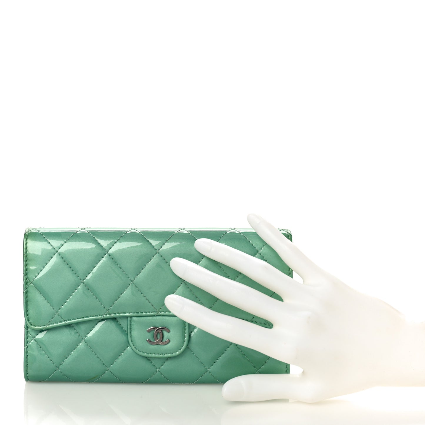 Patent Quilted Long Flap Wallet Green