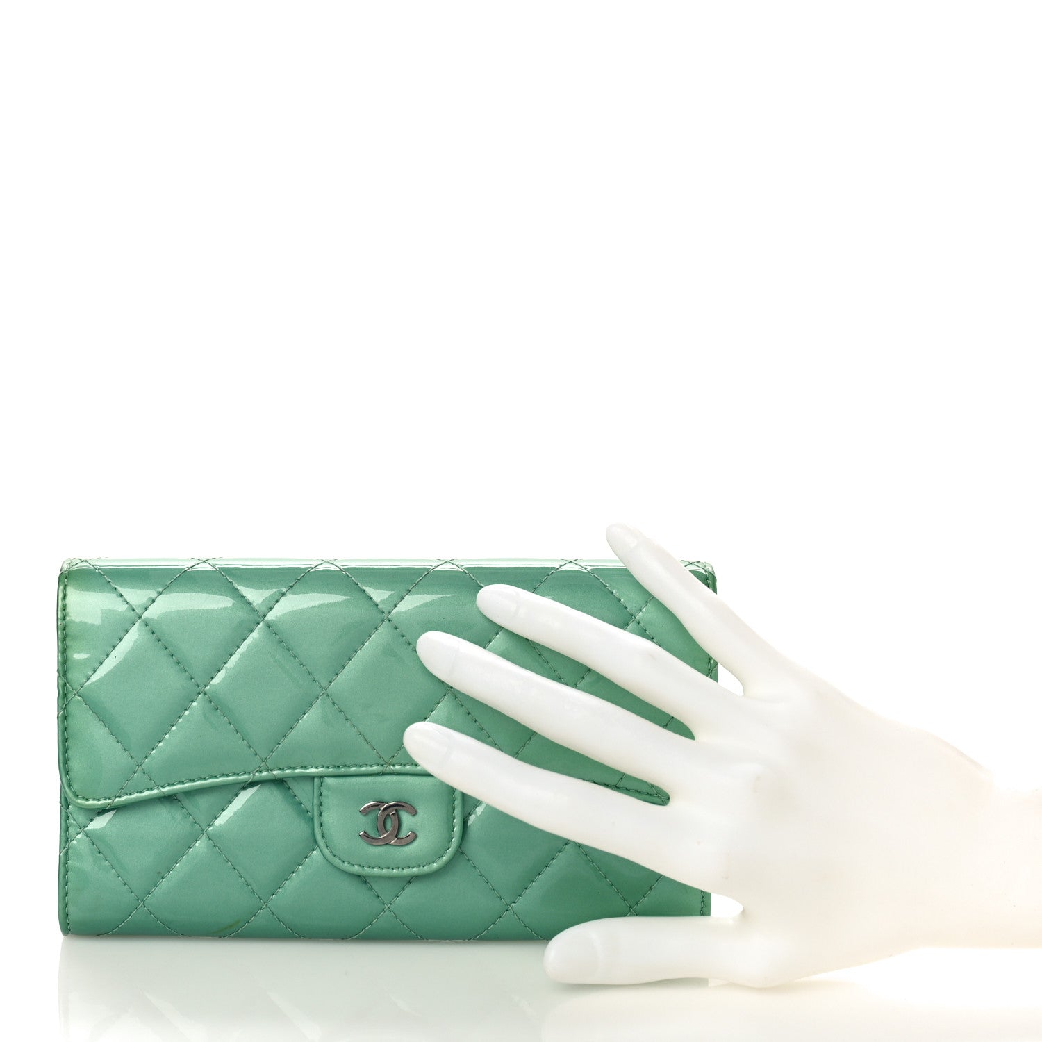 Chanel Patent Quilted Long Flap Wallet Green 2 of 10