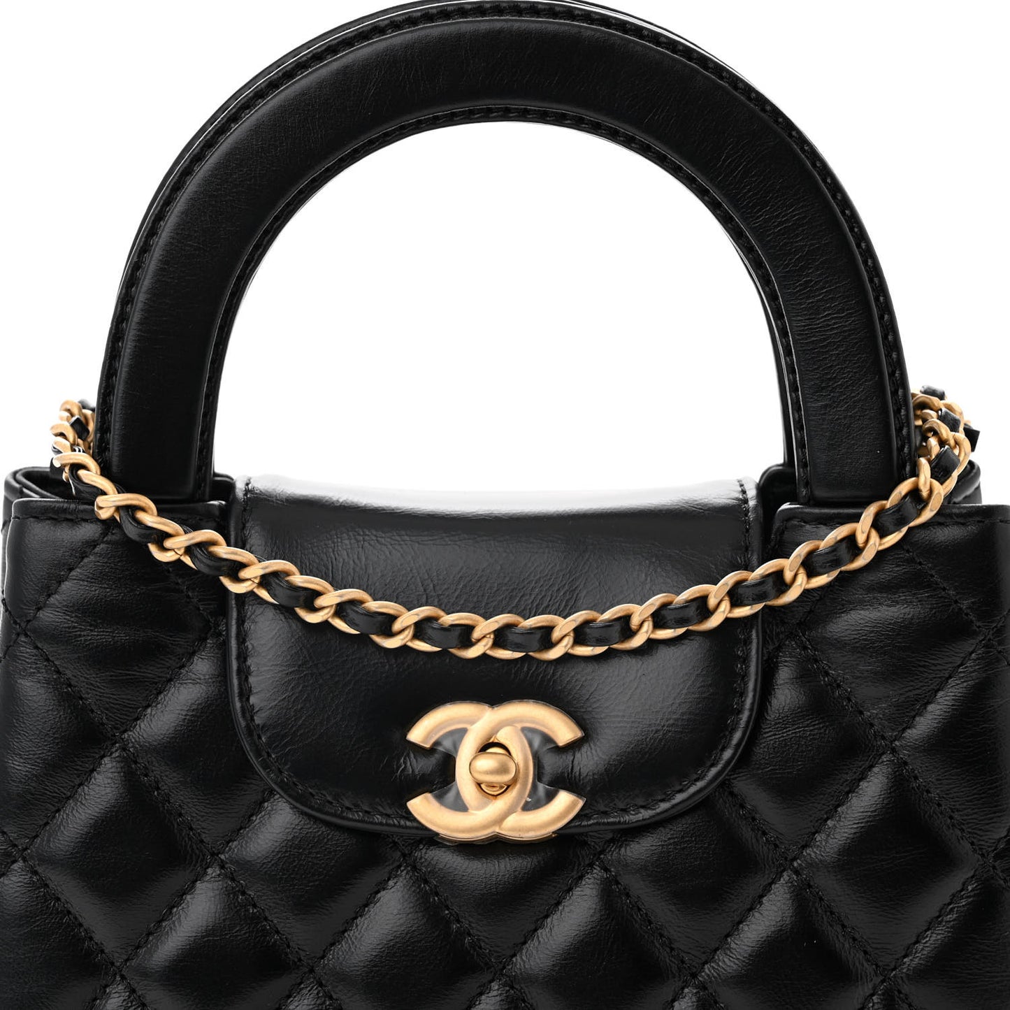 Shiny Aged Calfskin Quilted Nano Kelly Shopper Black