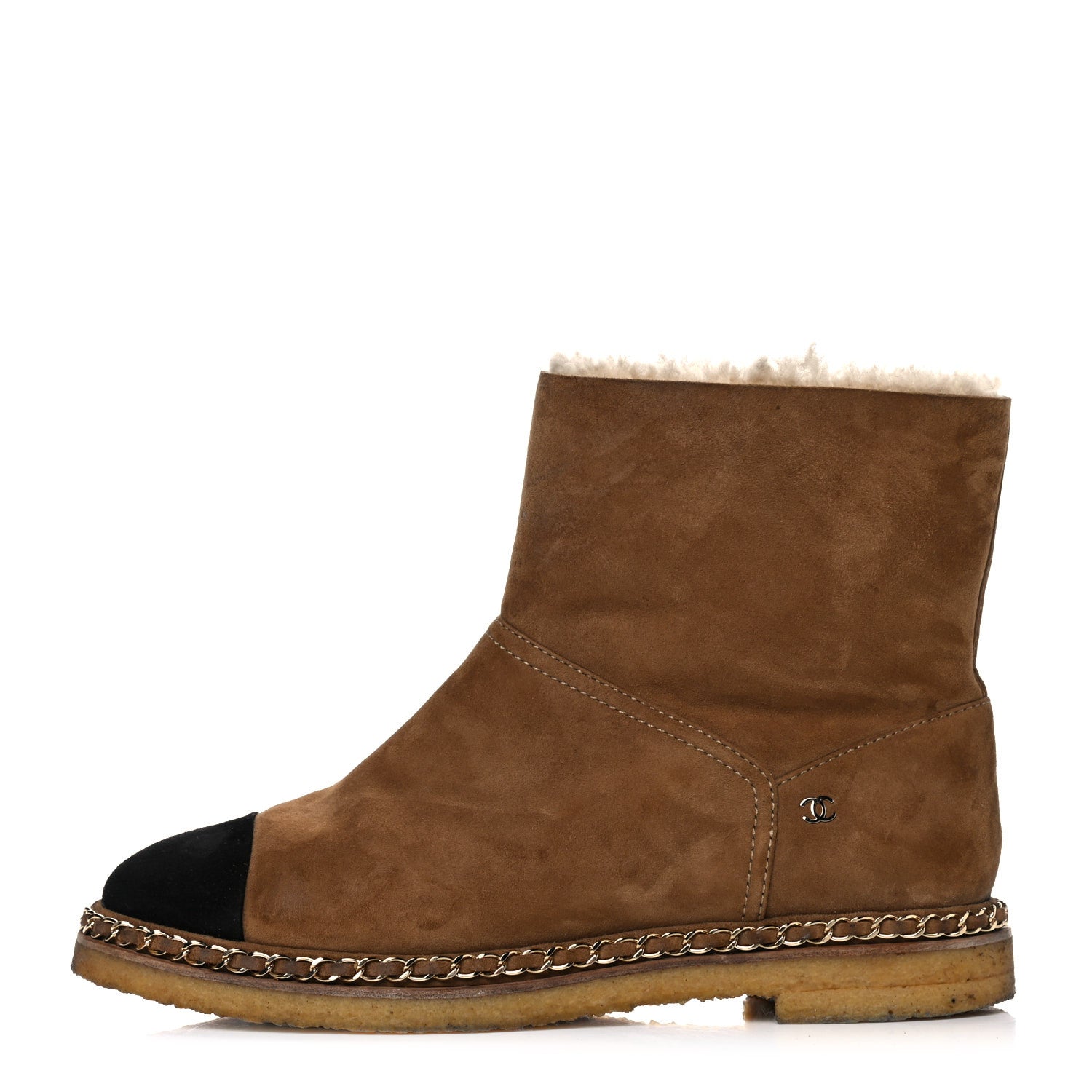 Chanel Kid Suede Shearling Womens Cap Toe Chain Short Boots 40.5 Light Brown Black 1 of 24