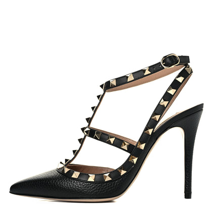 Valentino Garavani Pebbled Calfskin Rockstud Ankle Strap Pumps 37 Black 1 of 8