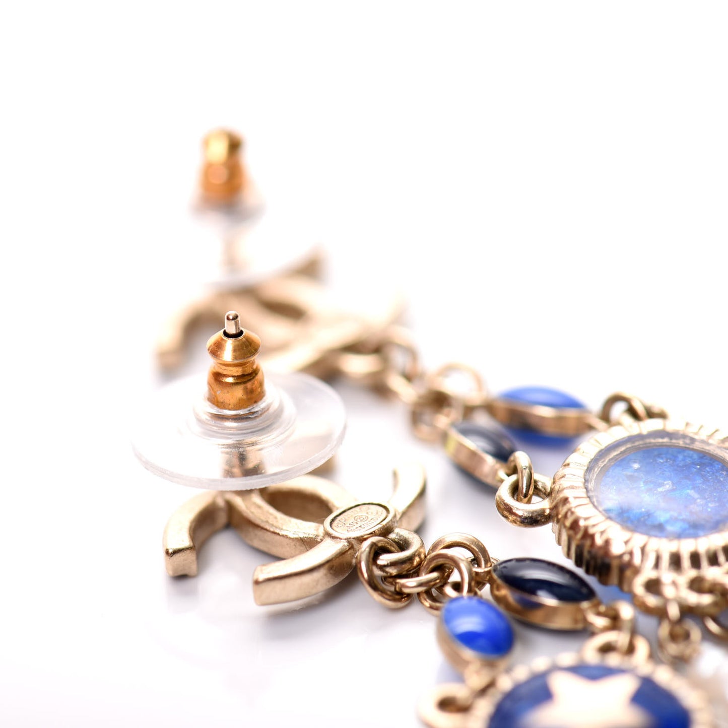 Enamel Beaded CC Dangle Earrings White Blue Gold