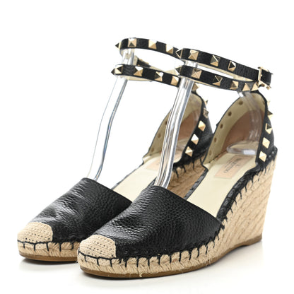 Valentino Garavani Grained Calfskin Rockstud Ankle Wrap Espadrille 15/85mm Wedges 38 Black Light Ivory 3 of 8