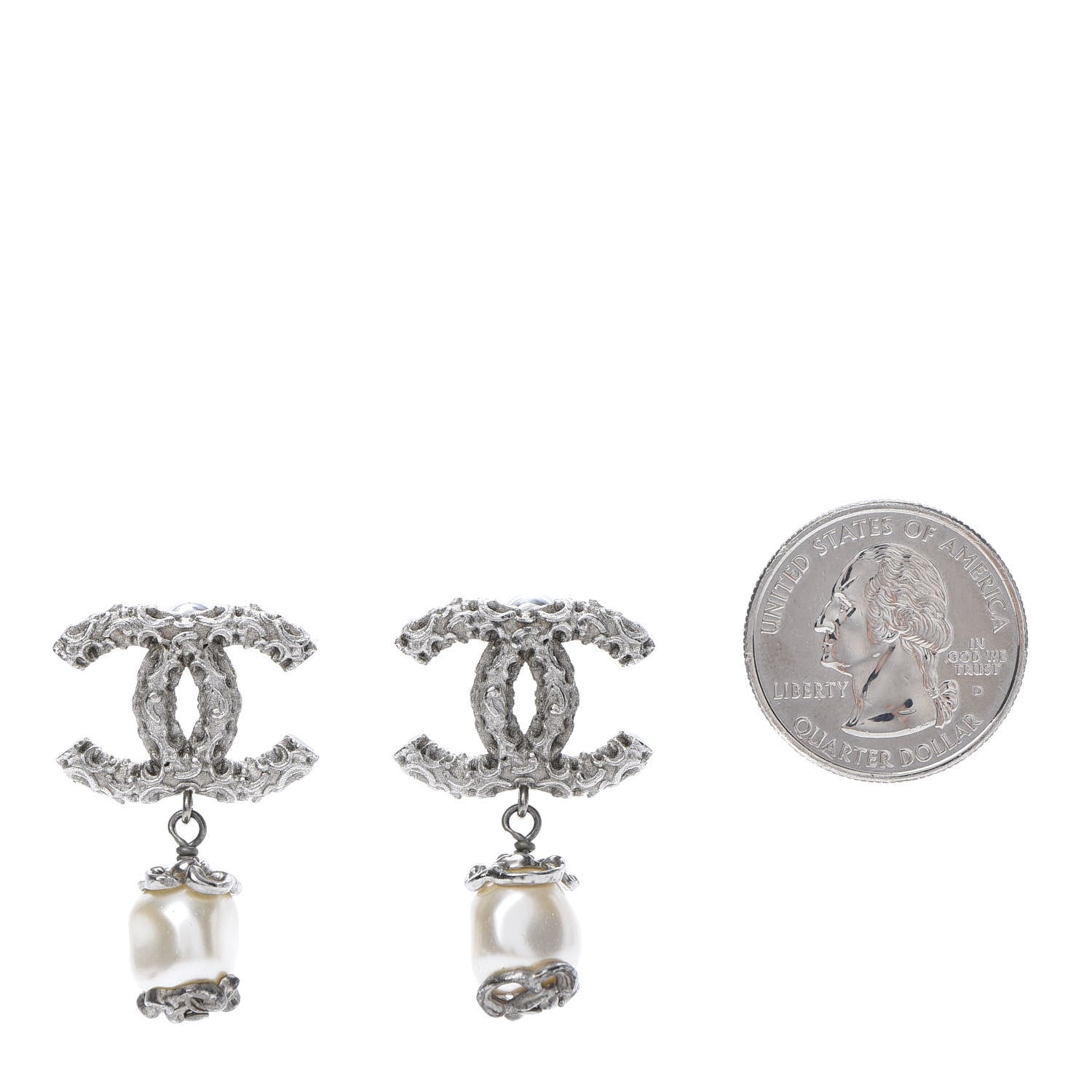 Chanel Pearl Textured CC Drop Earrings Silver 2 of 5