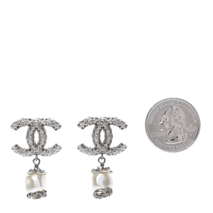 Chanel Pearl Textured CC Drop Earrings Silver 2 of 5
