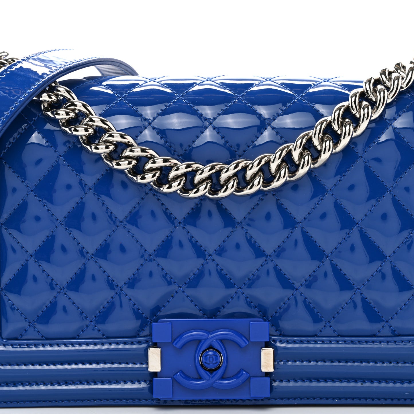 Patent Calfskin Quilted Medium Plexiglass Boy Flap Blue