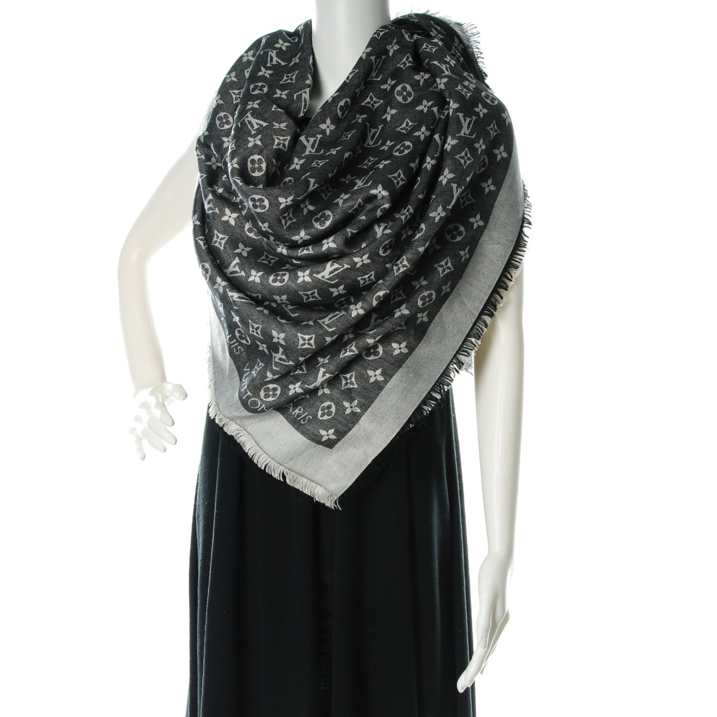 Wool Silk Monogram Denim Shawl Black