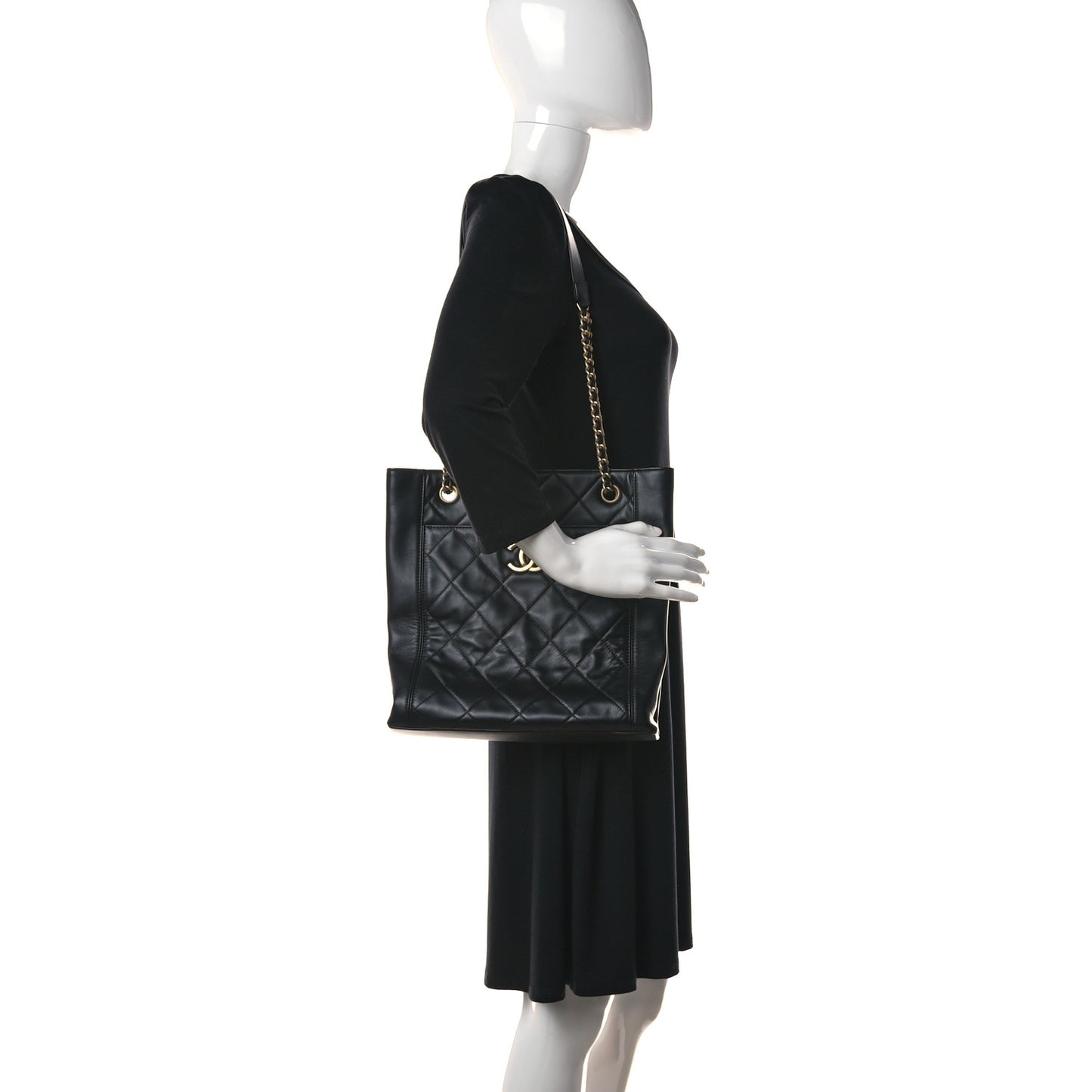 Calfskin Quilted CC Front Pocket Shopping Tote Black