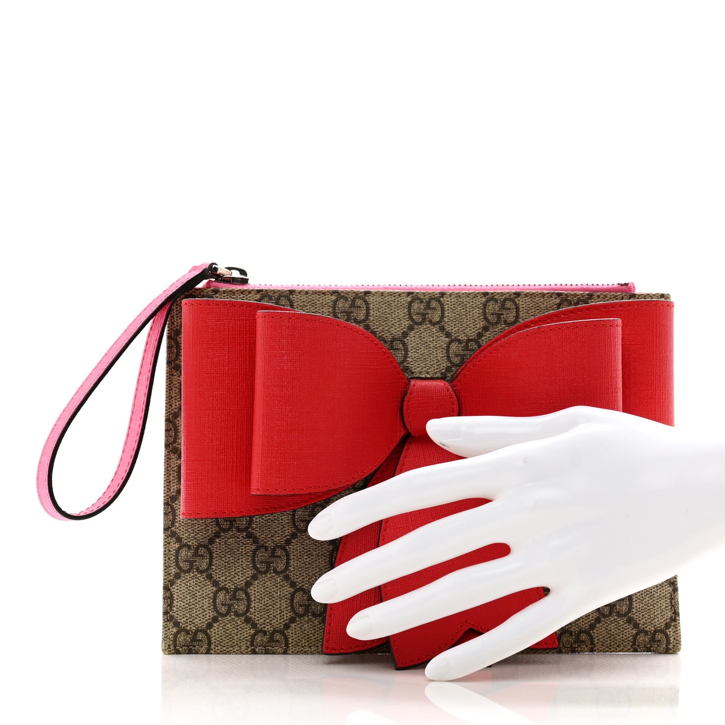 GG Supreme Monogram Bow Wristlet Red Pink