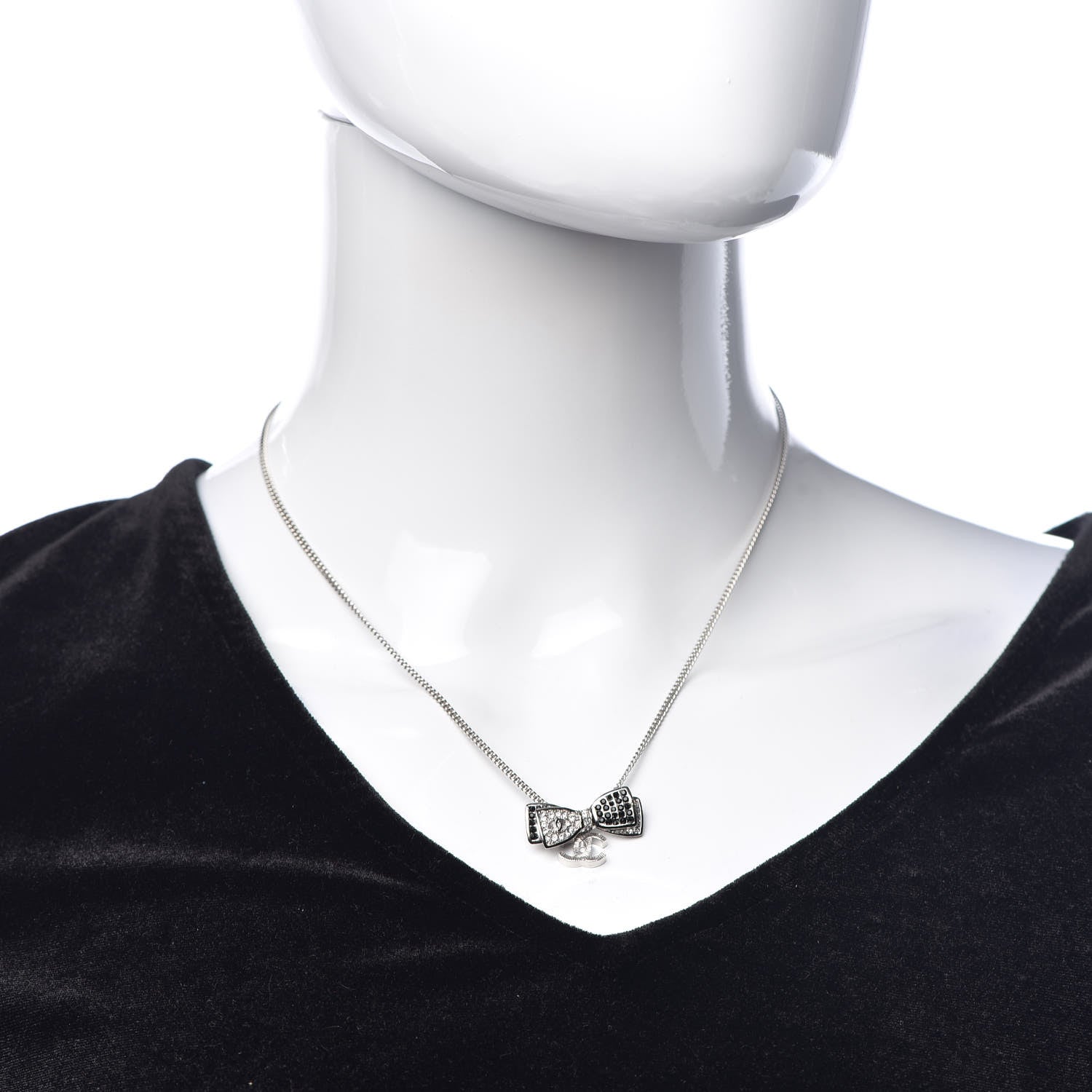 Chanel Crystal CC Bow Necklace Silver Black 2 of 5
