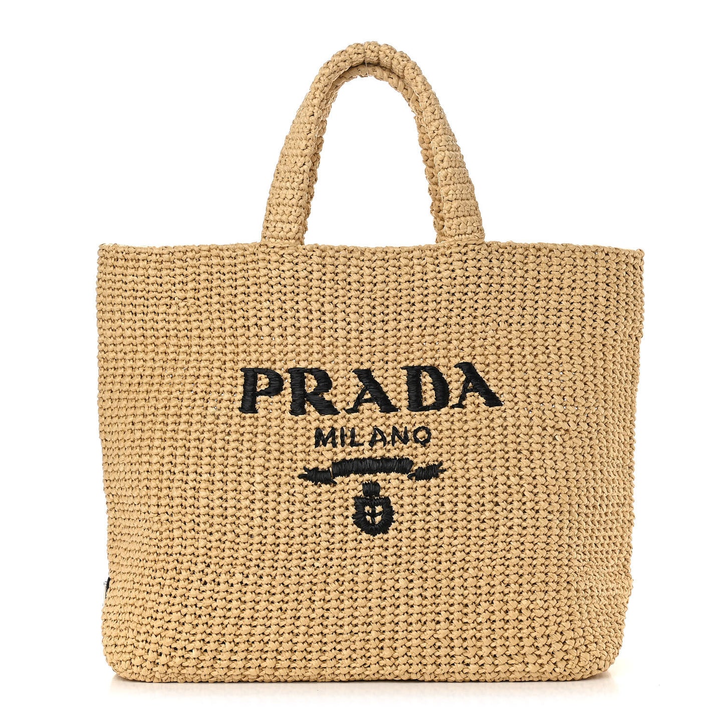 Yarn Raffia Effect Crochet Embroidered Logo Tote Naturale