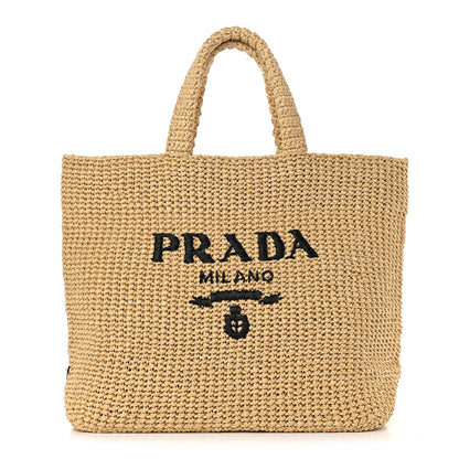 Prada Yarn Raffia Effect Crochet Embroidered Logo Tote Naturale 1 of 7