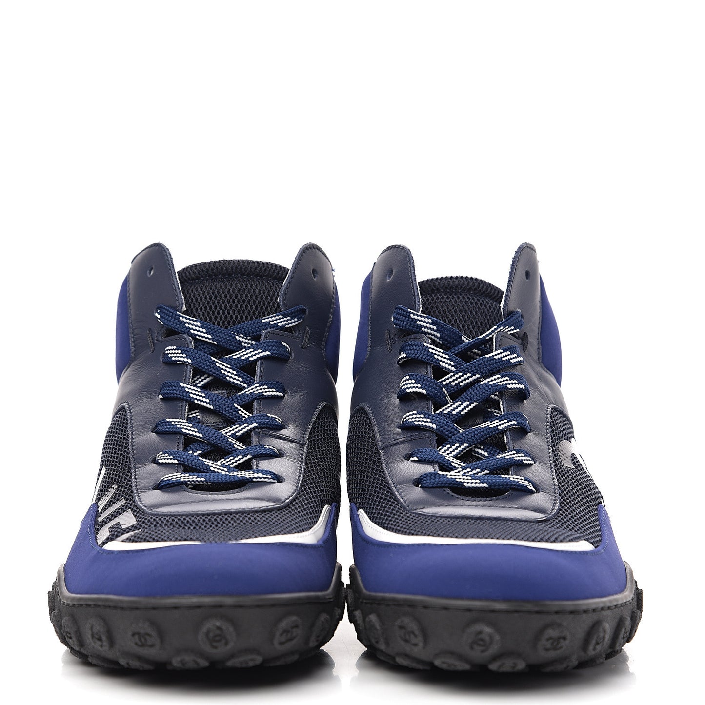 Calfskin Mesh Lycra Womens Logo High Top Sneakers 39.5 Blue