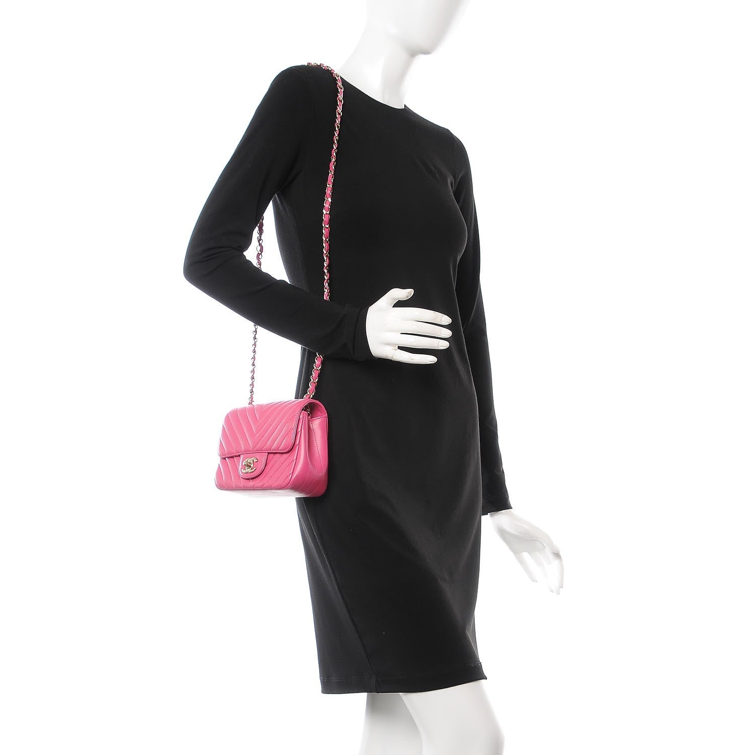 Chanel Lambskin Chevron Quilted Mini Square Flap Fuchsia 2 of 9