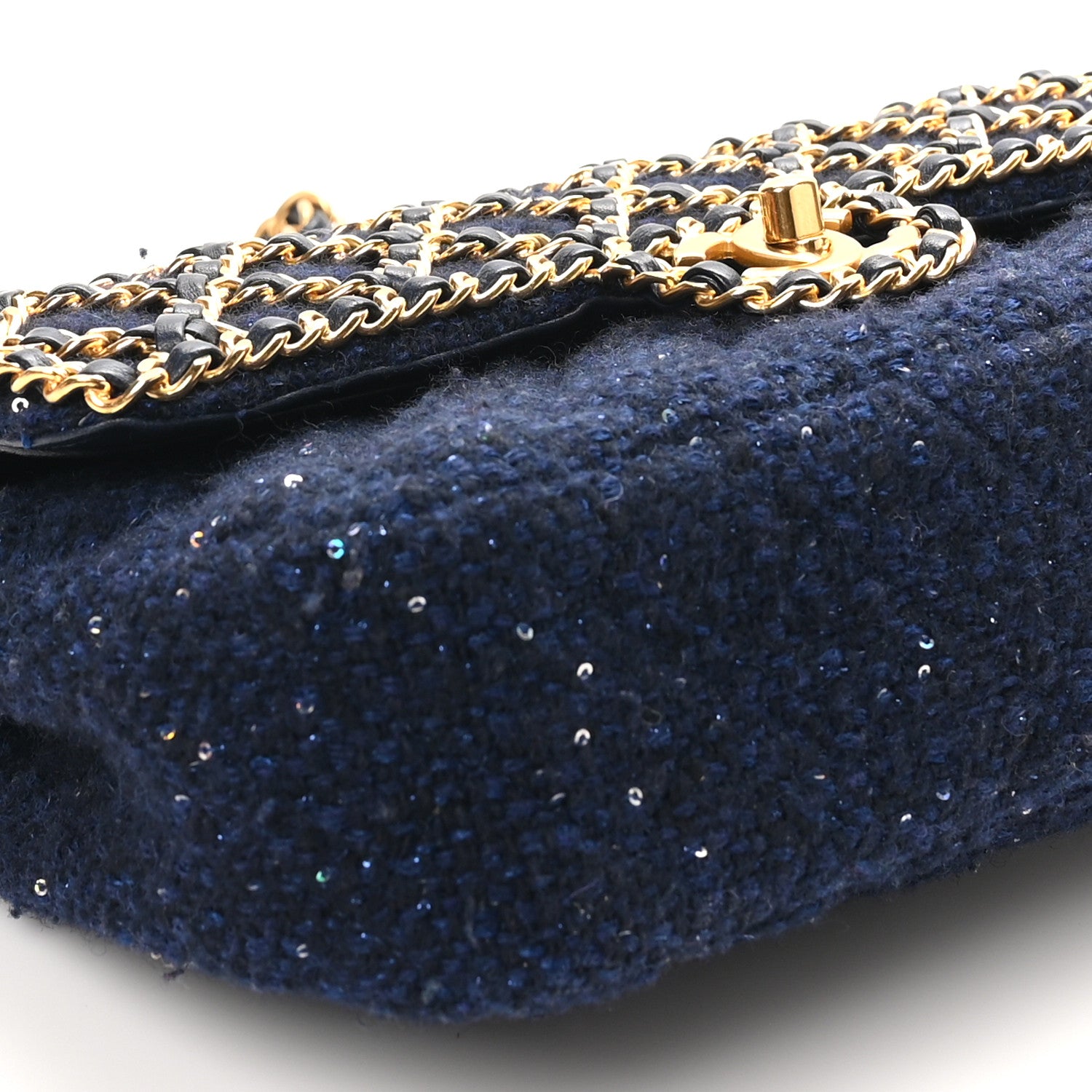 Chanel Tweed Sequin Timeless Classic Chained Double Flap Navy Blue 9 of 11