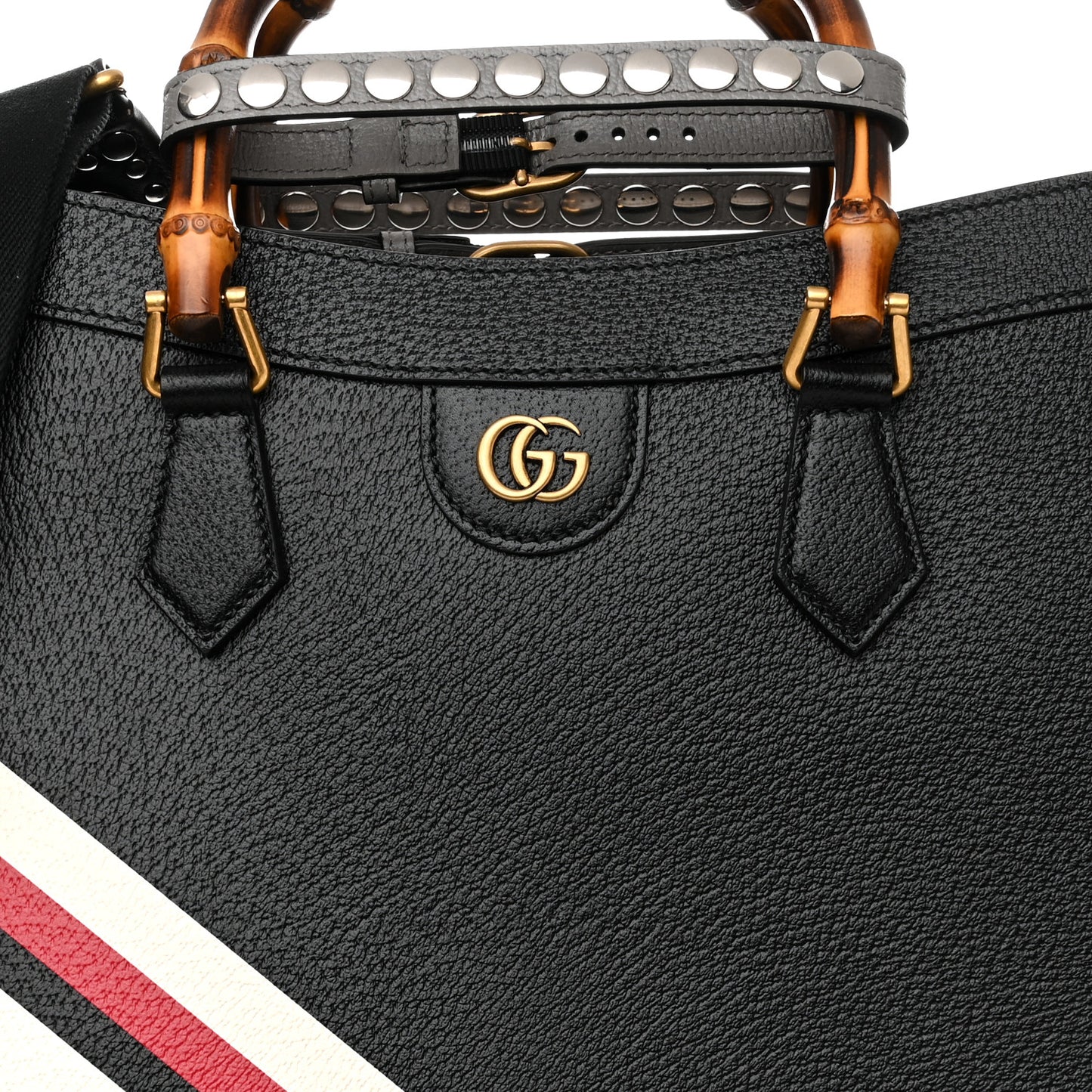 Textured Dollar Calfskin Stripe Studded Maxi Diana Tote Bag Black Multicolor