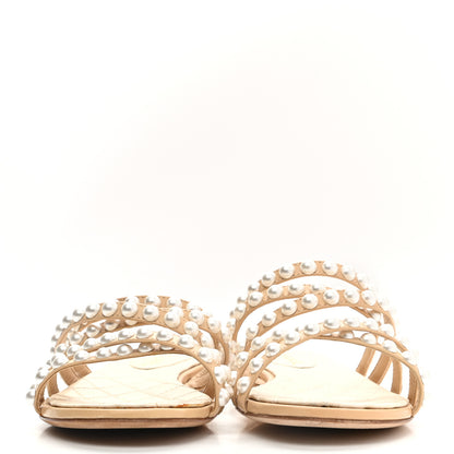 Chanel Crackled Lambskin Pearl Mule Sandals 35.5 Beige 2 of 11